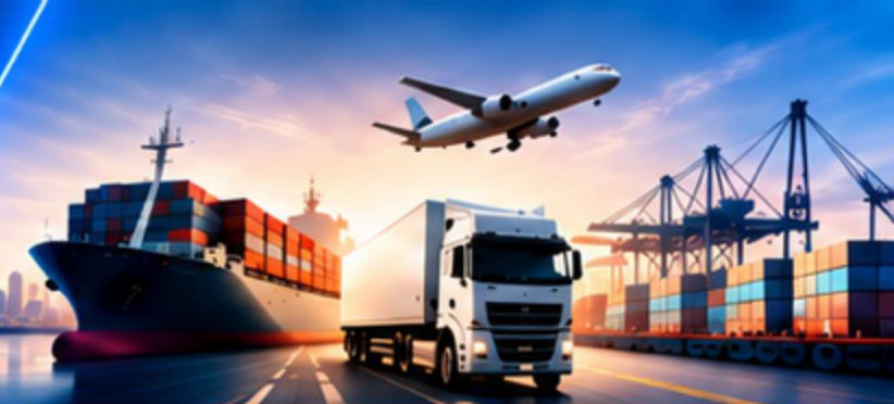 Container ship, cargo truck and aircraft at a port at sunset